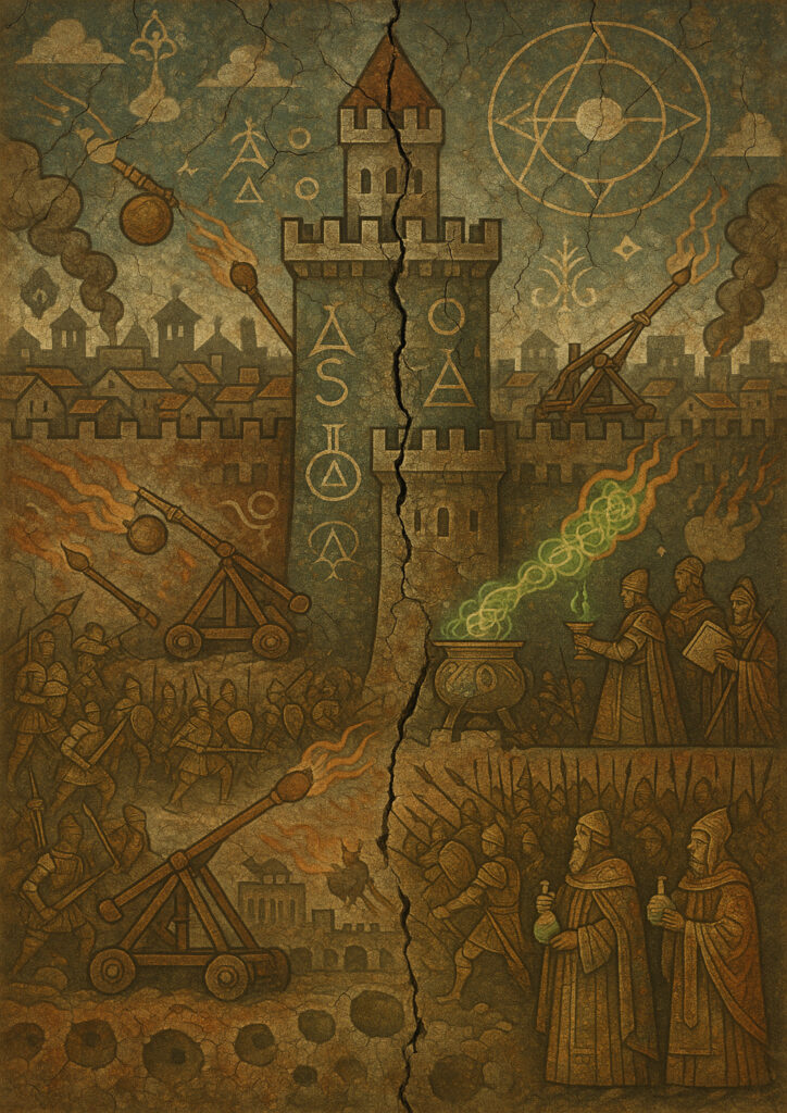 Medieval fresco inspired artwork, aged wall painting look, classic historical art style illustration