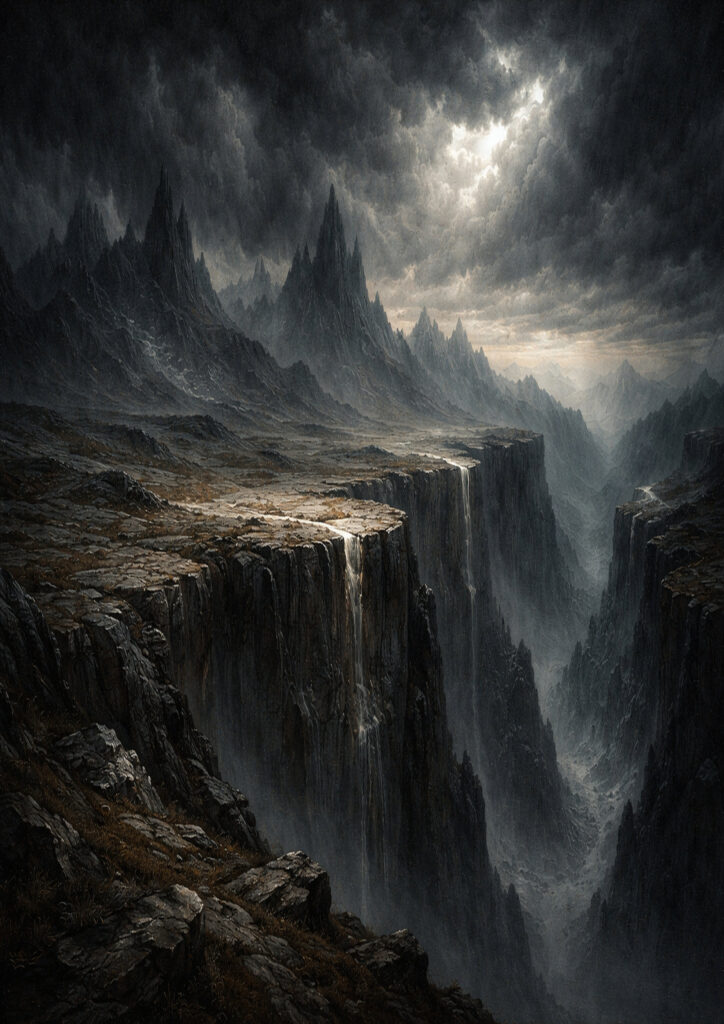 mountain landscape illustration with dramatic lighting