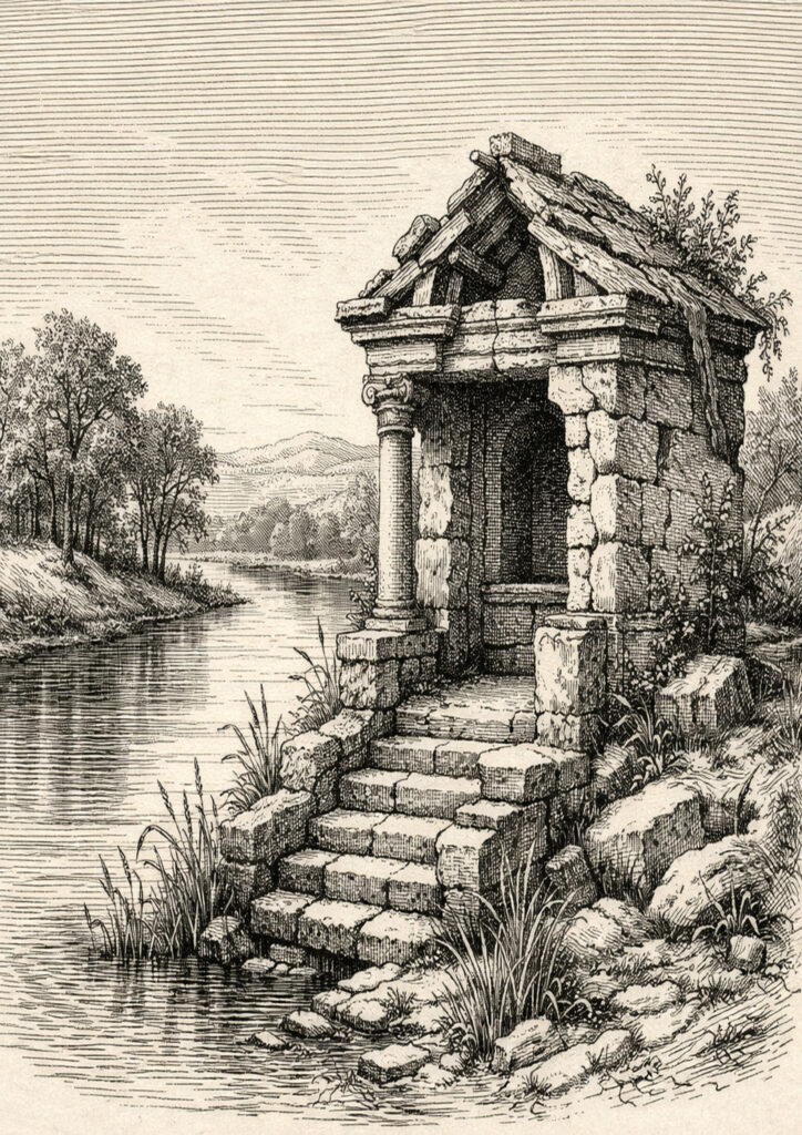 ruins landscape sketch illustration with historical decay