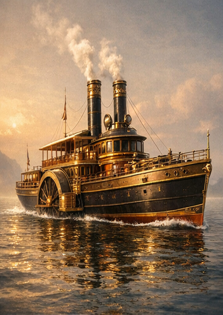 Retro-futuristic steampunk vehicle artwork showing a steam-powered machine with intricate metal details.