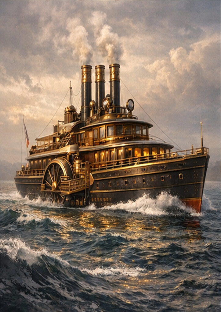 Retro-futuristic steampunk vehicle artwork showing a steam-powered machine with intricate metal details.