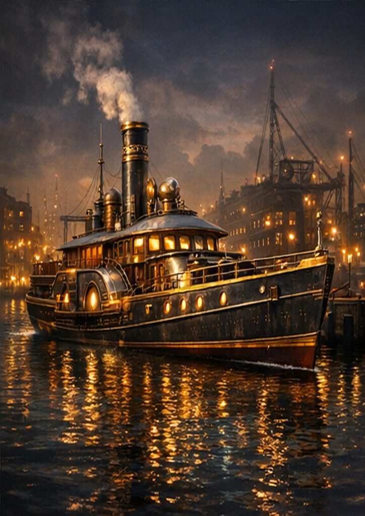 Steampunk vehicle illustration inspired by early industrial technology and mechanical craftsmanship.