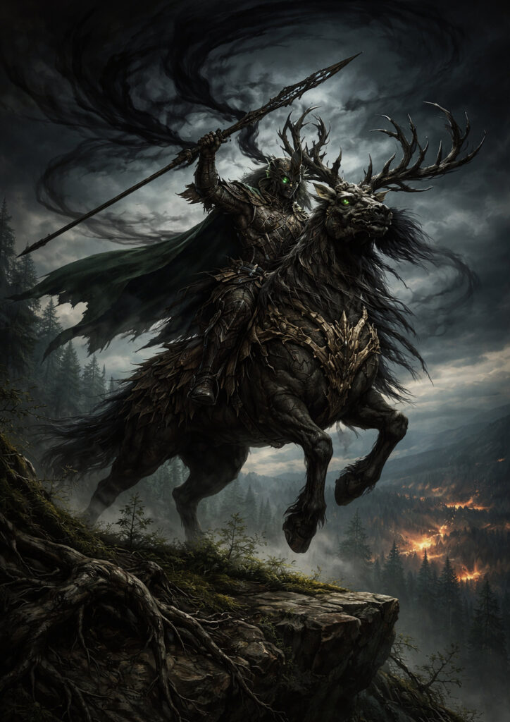 Epic warhammer inspired wood elves battlefield scene