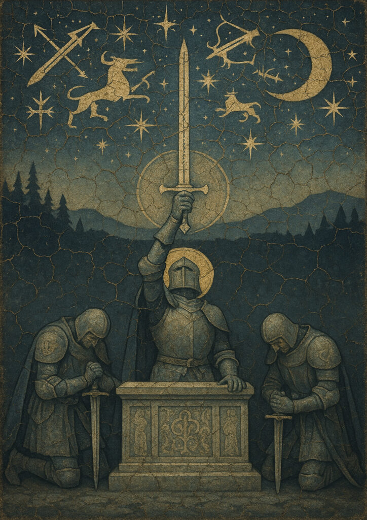 Medieval fresco style painting, weathered wall texture, traditional European medieval mural art