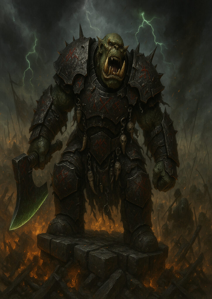 Cinematic warhammer inspired orks and goblins illustration