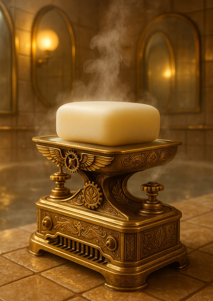 Illustration of a common object reimagined as a steampunk artifact with mechanical mechanisms and pipes.