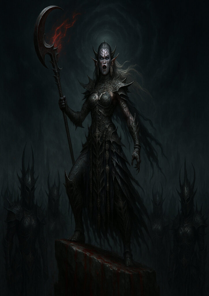 Dark fantasy dark elf character with warhammer influence
