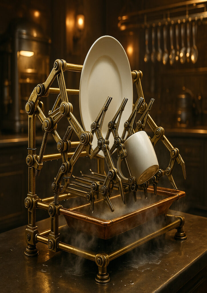 Steampunk everyday item illustration featuring exposed gears, brass components, and industrial detailing.