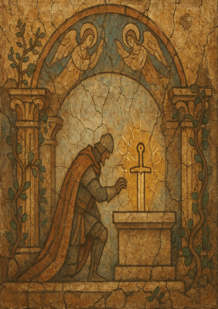 Classical medieval fresco artwork, hand-painted wall mural style, antique plaster surface, historical illustration