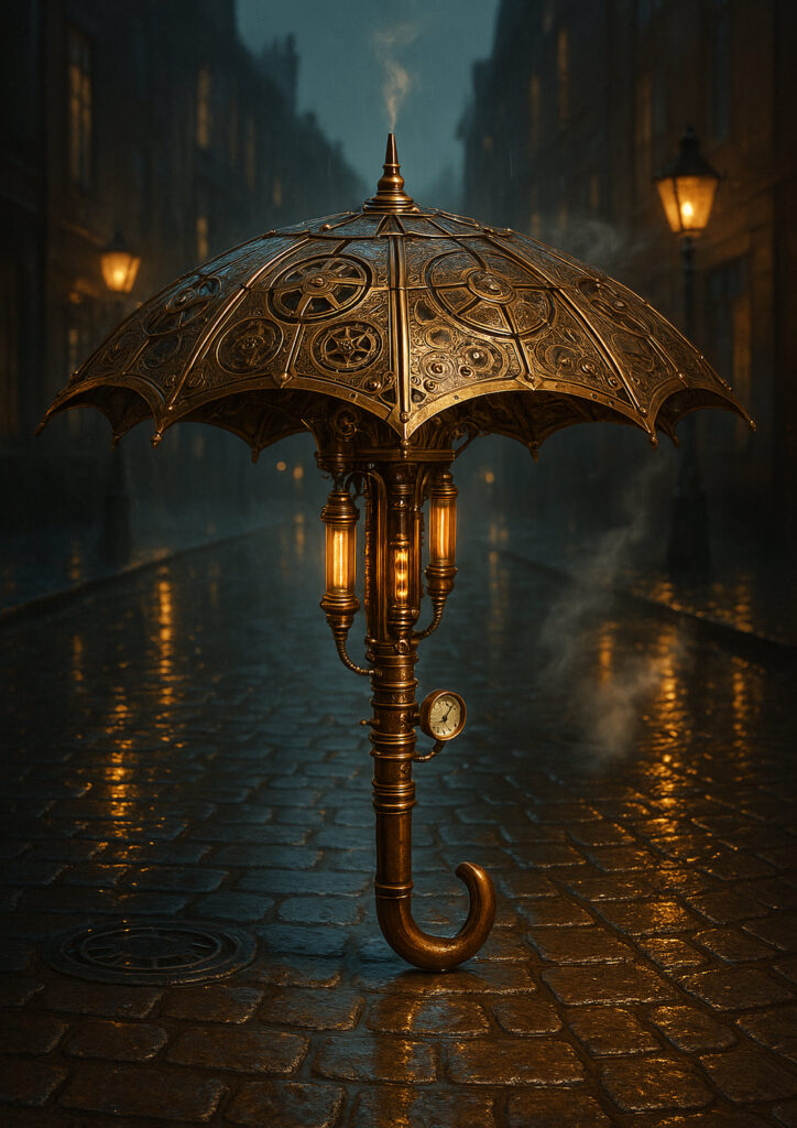 Steampunk everyday item illustration featuring exposed gears, brass components, and industrial detailing.