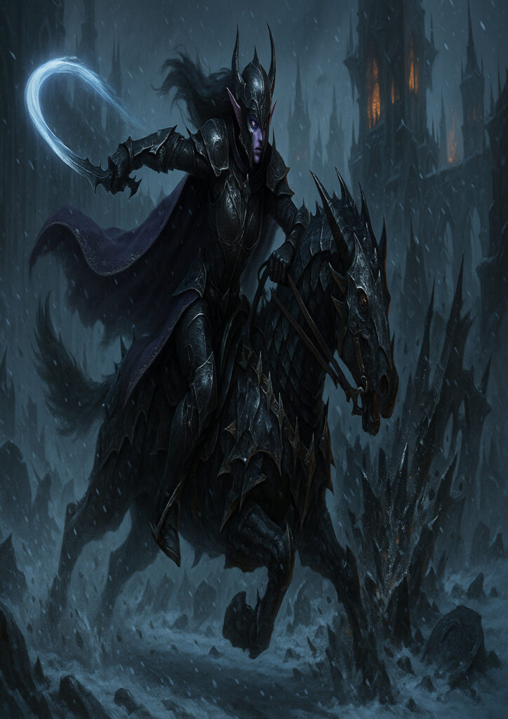 Dark fantasy dark elf character with warhammer influence
