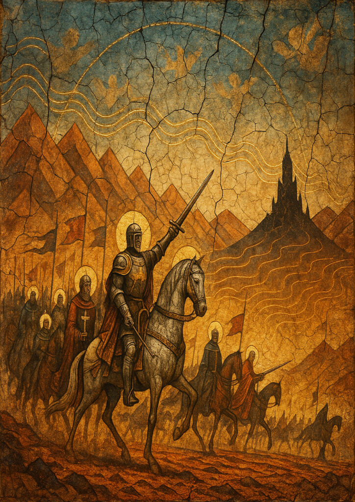 Classical medieval fresco artwork, hand-painted wall mural style, antique plaster surface, historical illustration