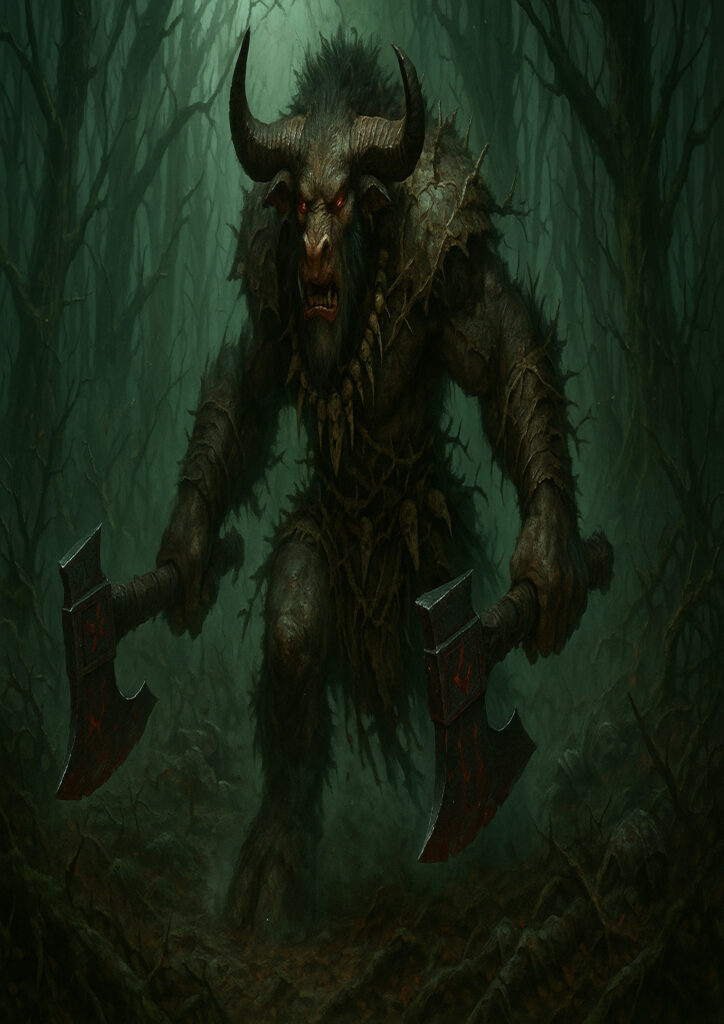 Epic warhammer inspired beastmen battlefield scene