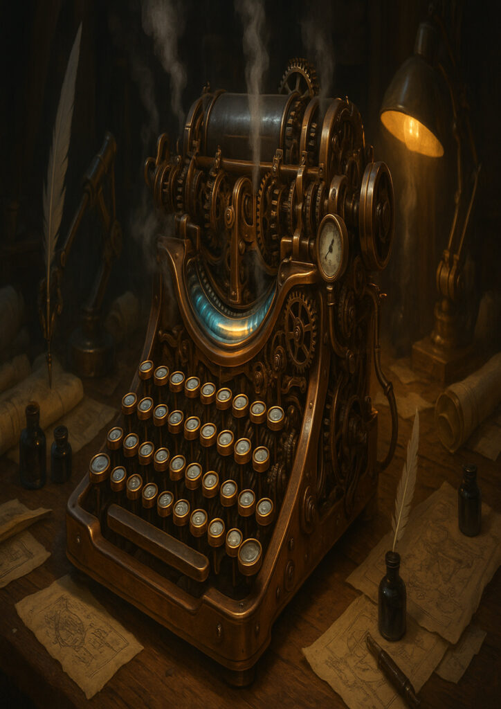 Steampunk everyday item illustration featuring exposed gears, brass components, and industrial detailing.