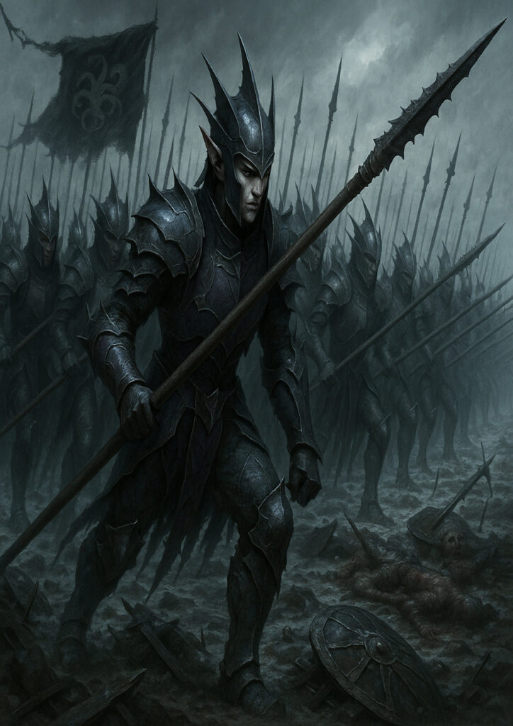 Dark fantasy dark elf character with warhammer influence