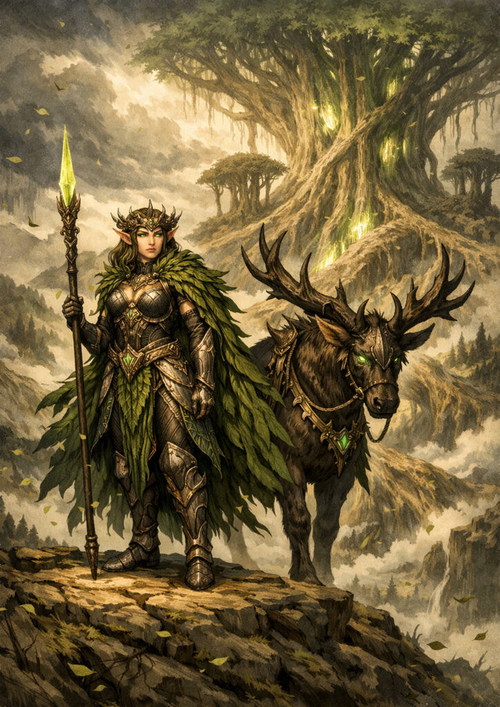 Epic warhammer inspired wood elves battlefield scene