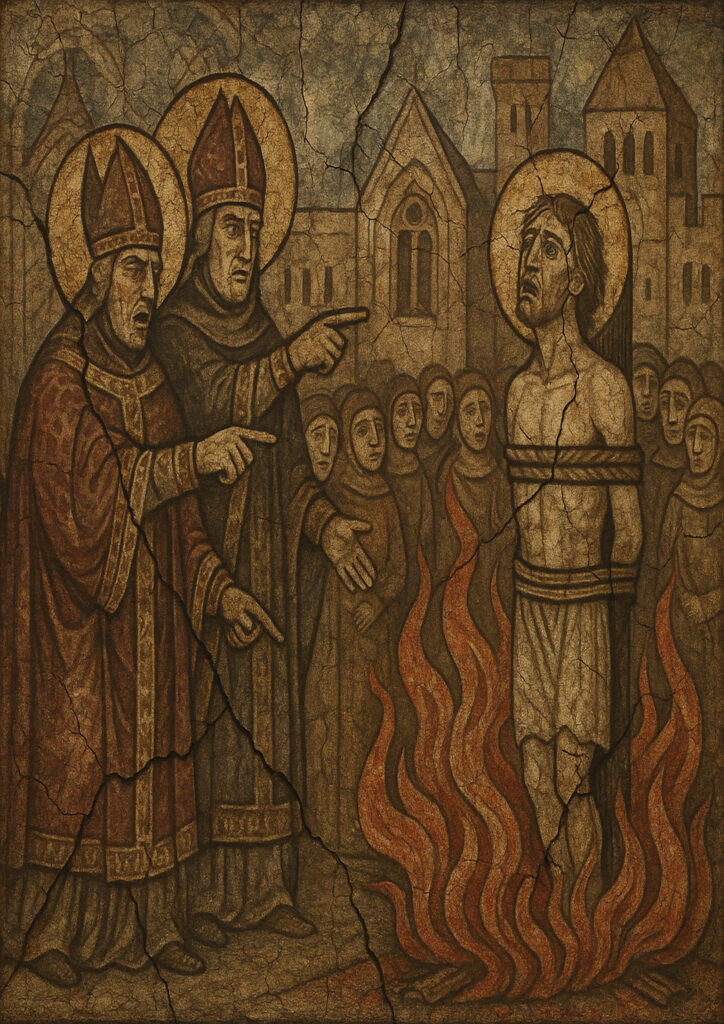 Classical medieval fresco artwork, hand-painted wall mural style, antique plaster surface, historical illustration