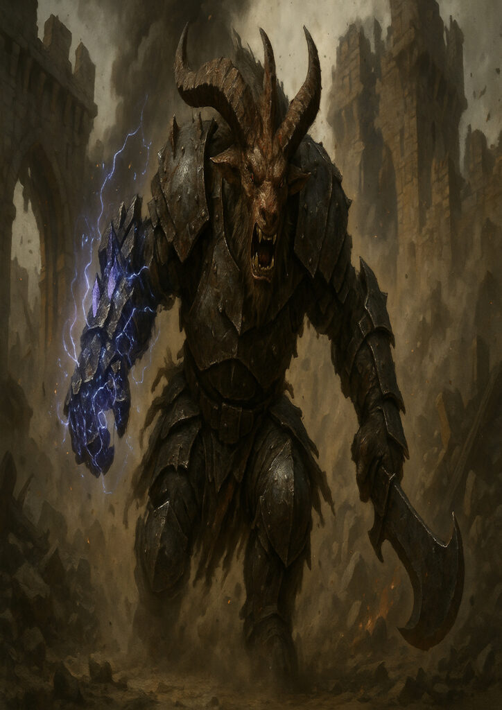 Epic warhammer inspired beastmen battlefield scene