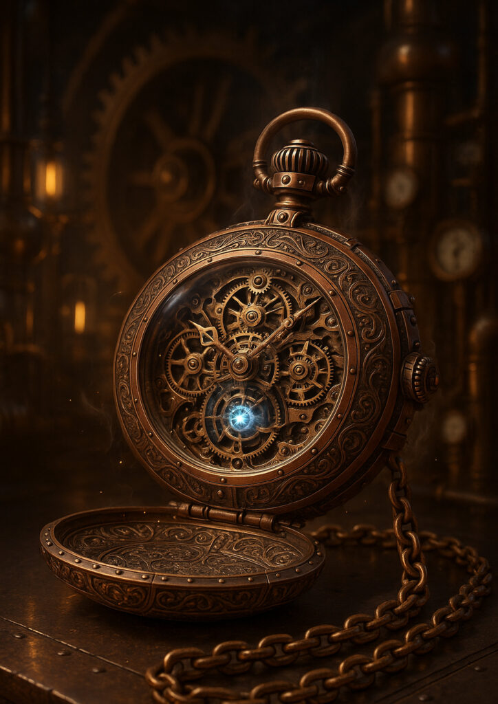 Steampunk everyday item illustration featuring exposed gears, brass components, and industrial detailing.