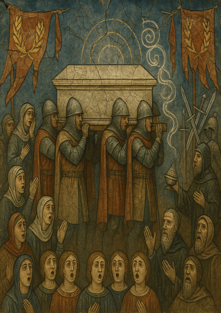 Classical medieval fresco artwork, hand-painted wall mural style, antique plaster surface, historical illustration