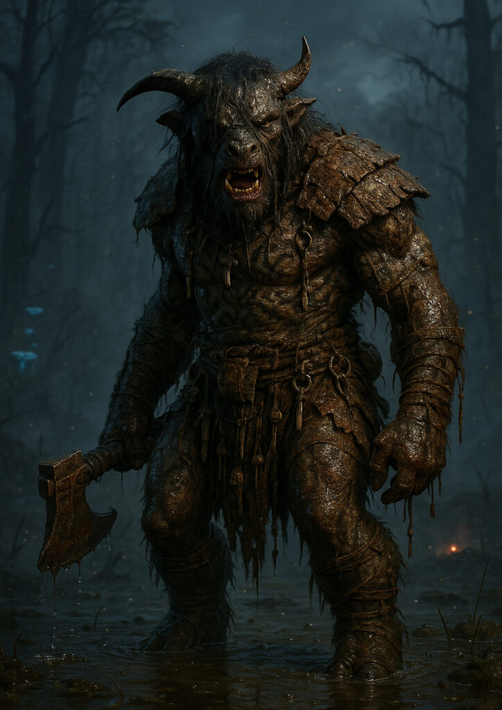 Epic warhammer inspired beastmen battlefield scene