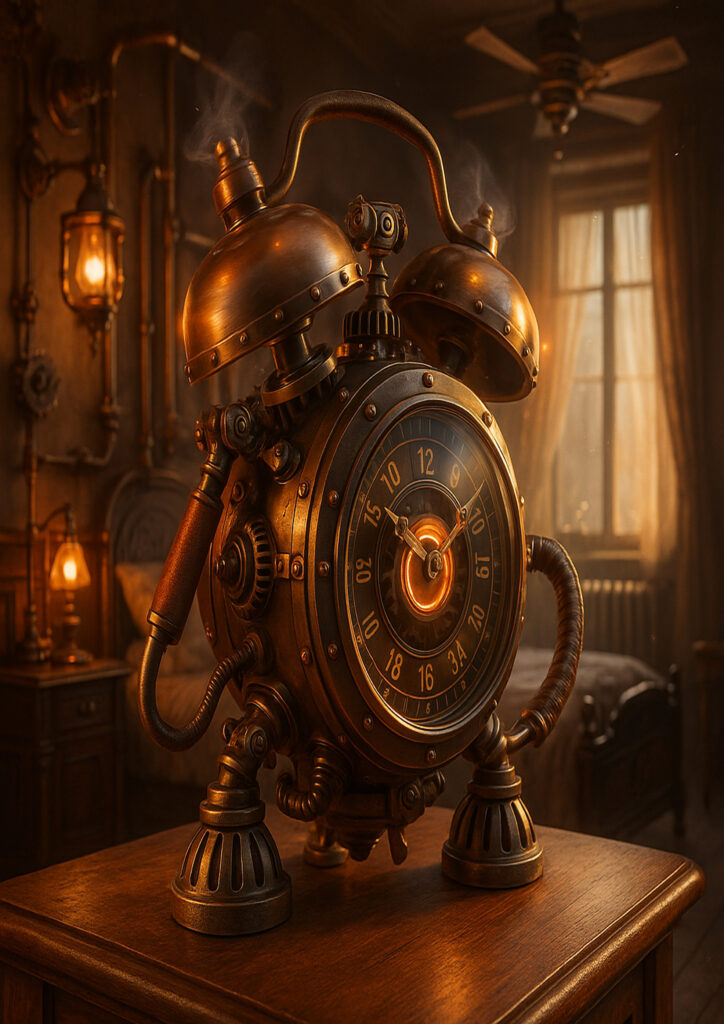 Steampunk everyday item illustration featuring exposed gears, brass components, and industrial detailing.