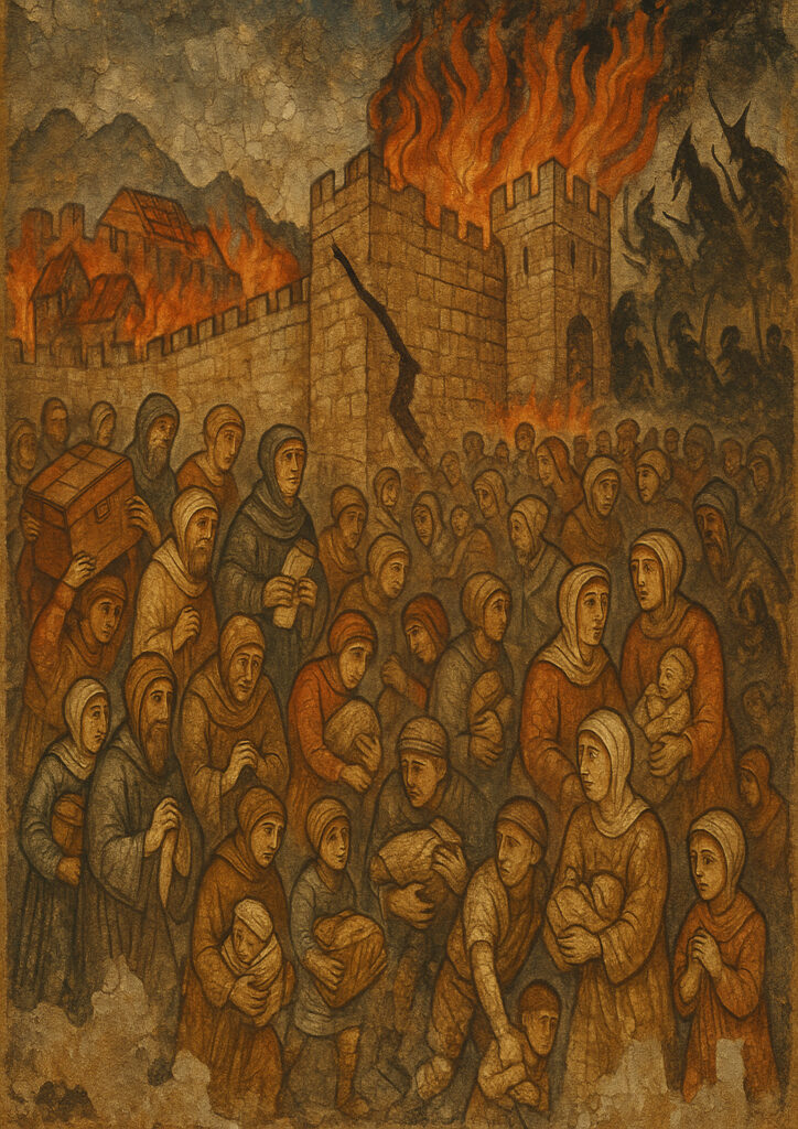 Medieval fresco wall painting, historic mural style artwork, aged plaster texture, traditional medieval art illustration