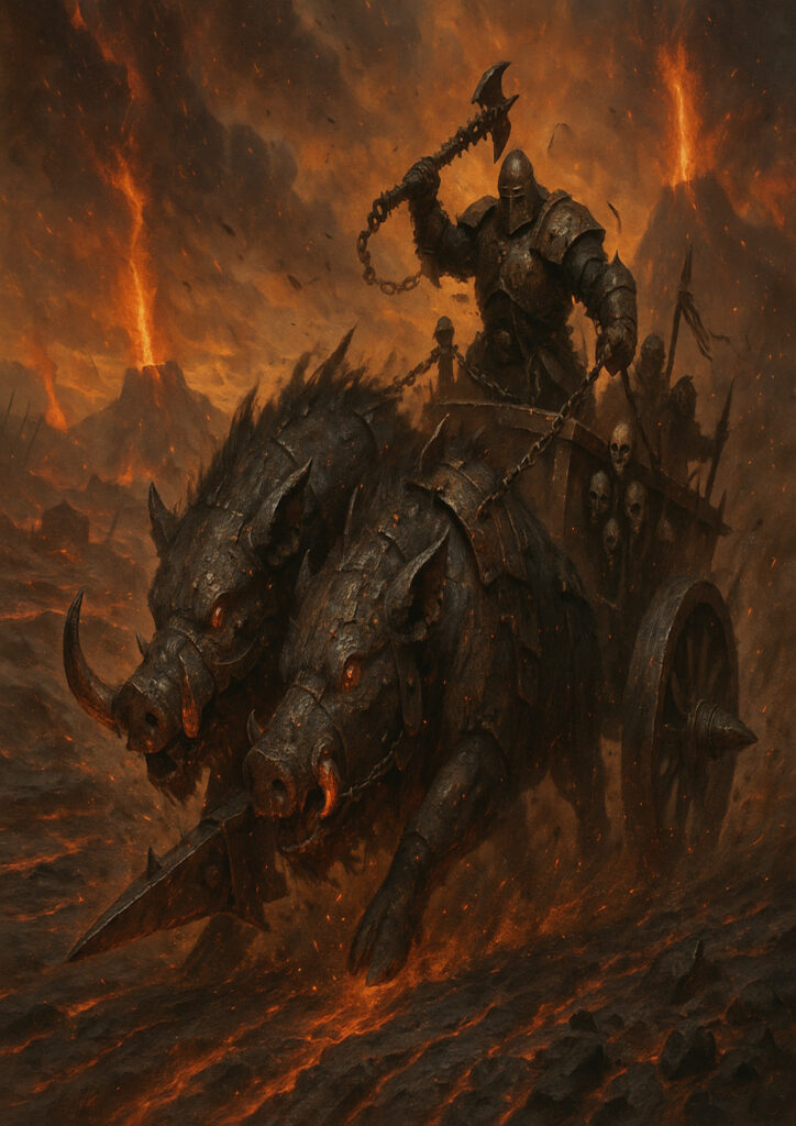 Epic warhammer inspired beastmen battlefield scene