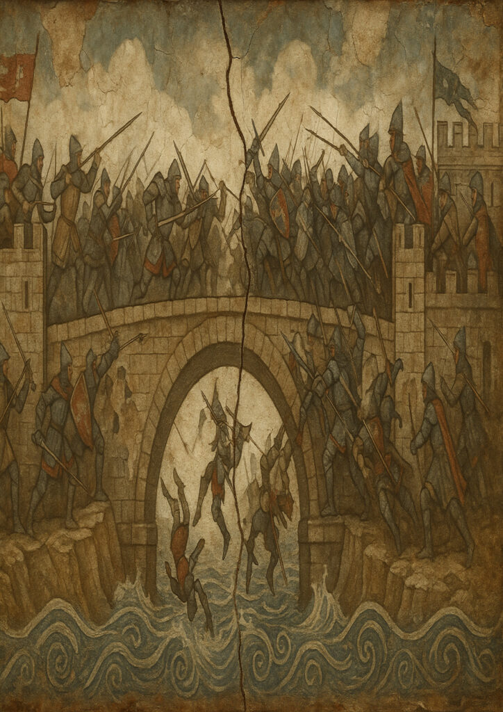 Medieval fresco wall painting, historic mural style artwork, aged plaster texture, traditional medieval art illustration