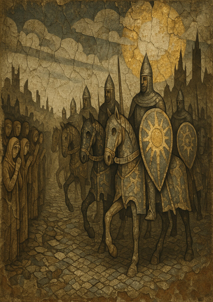 Medieval fresco wall painting, historic mural style artwork, aged plaster texture, traditional medieval art illustration