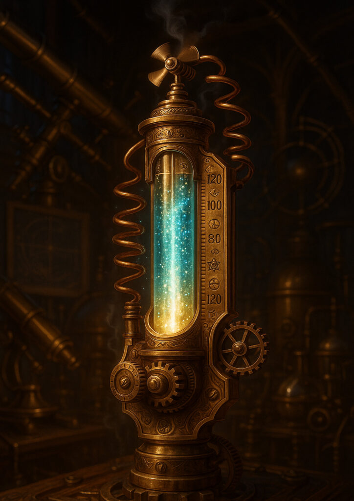 Steampunk reinterpretation of an everyday item transformed into a mechanical object powered by gears and steam.