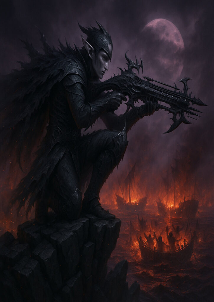 Epic warhammer inspired dark elves battlefield scene