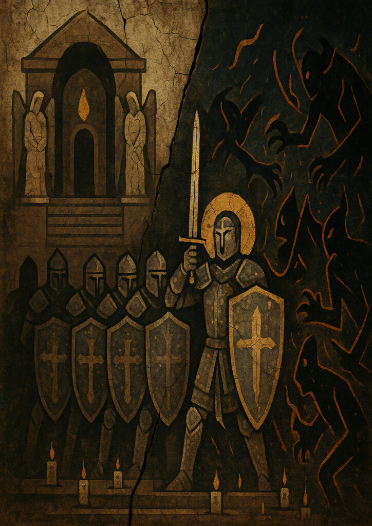 Medieval fresco wall painting, historic mural style artwork, aged plaster texture, traditional medieval art illustration