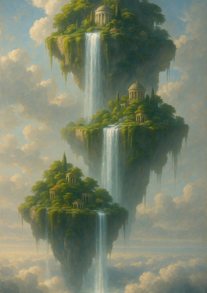 fantasy waterfall landscape artwork with mist and light