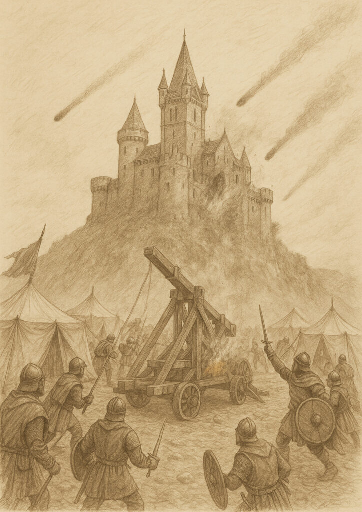 Fantasy castle sepia sketch artwork, architectural drawing style, vintage medieval castle illustration