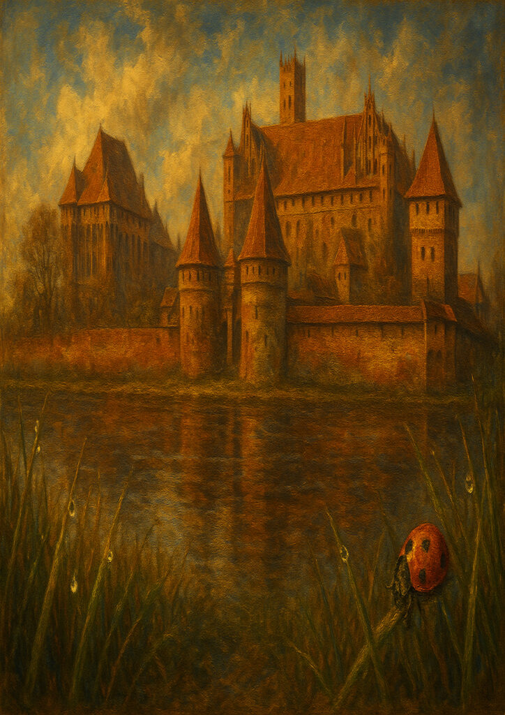 Fantasy castle painterly illustration, hand-painted look, artistic medieval fortress wall decor