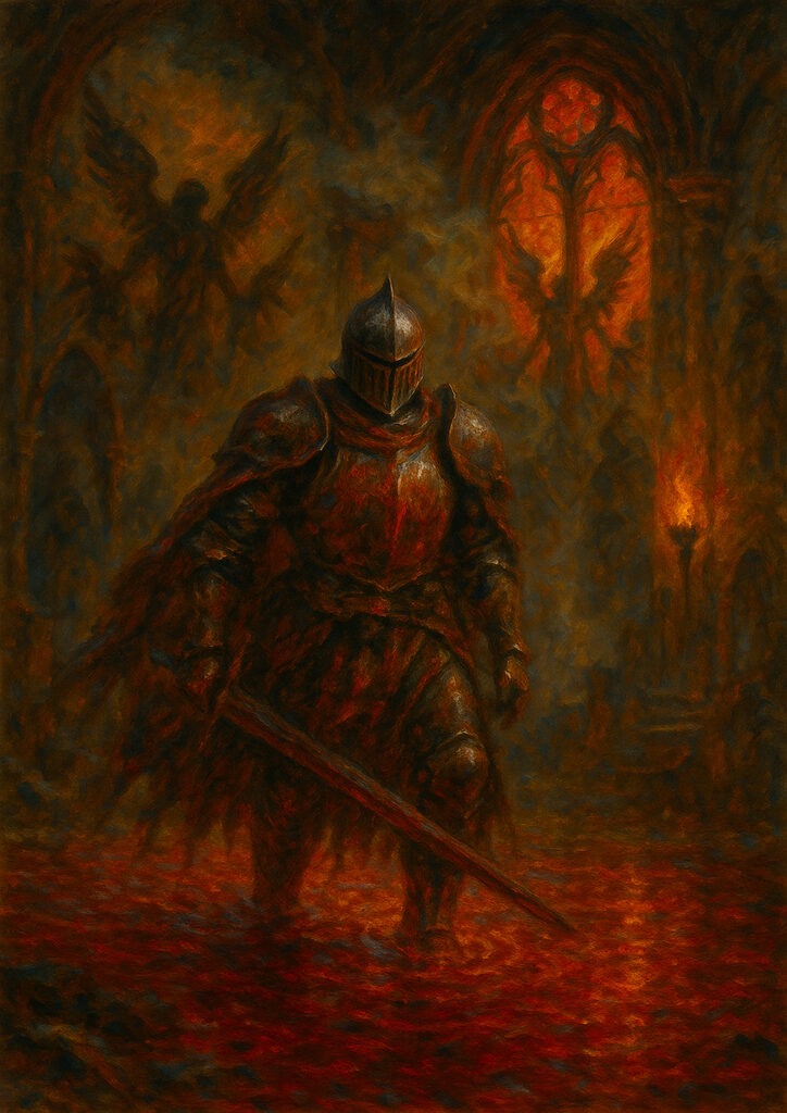 Epic fantasy knight character in heavy armor, detailed medieval armor design, high quality digital wall art