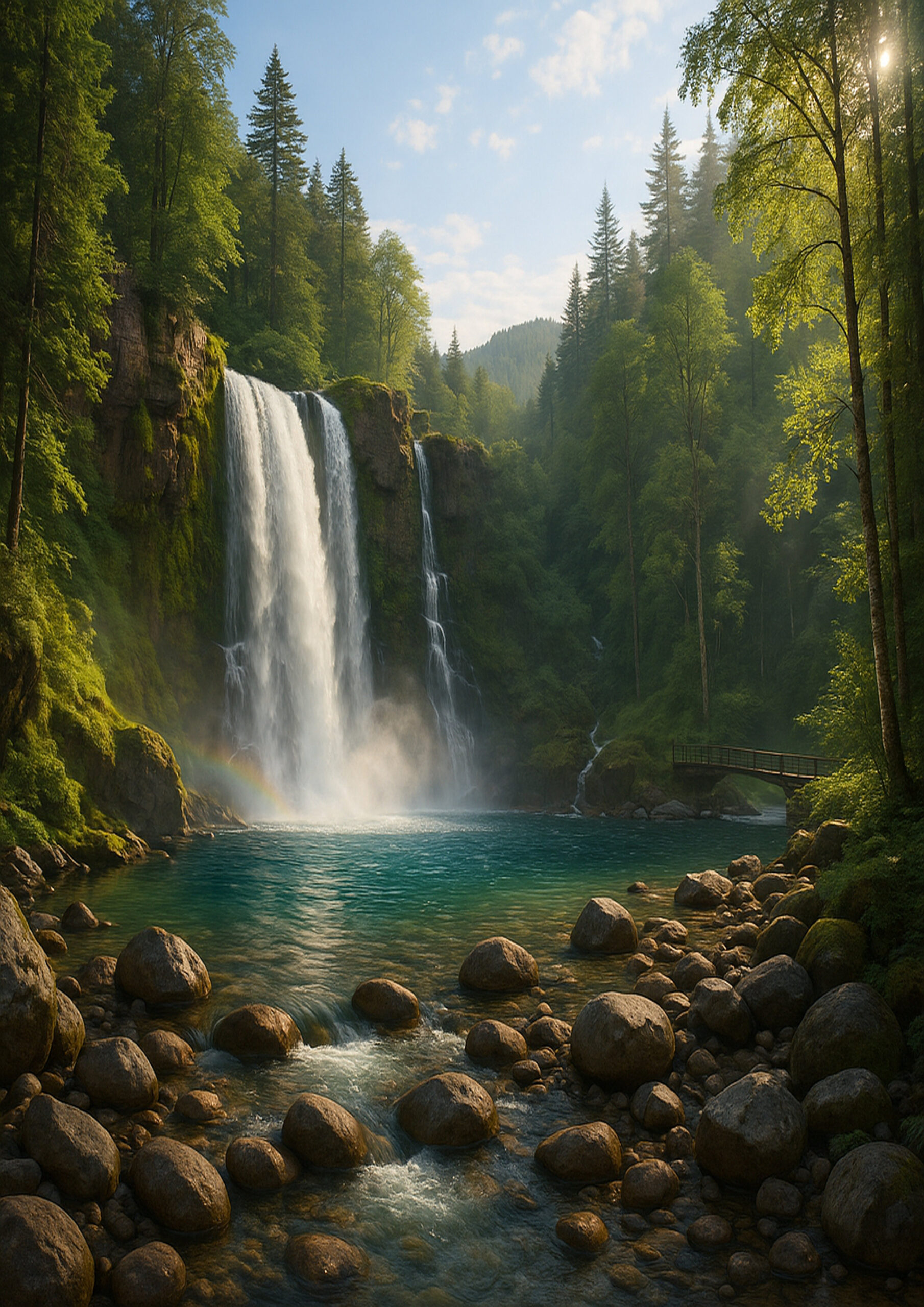 photorealistic waterfall landscape image with natural mist