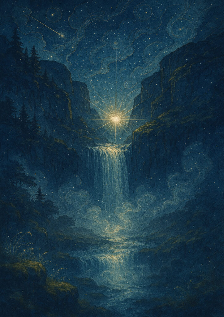 ink waterfall landscape drawing with dynamic lines