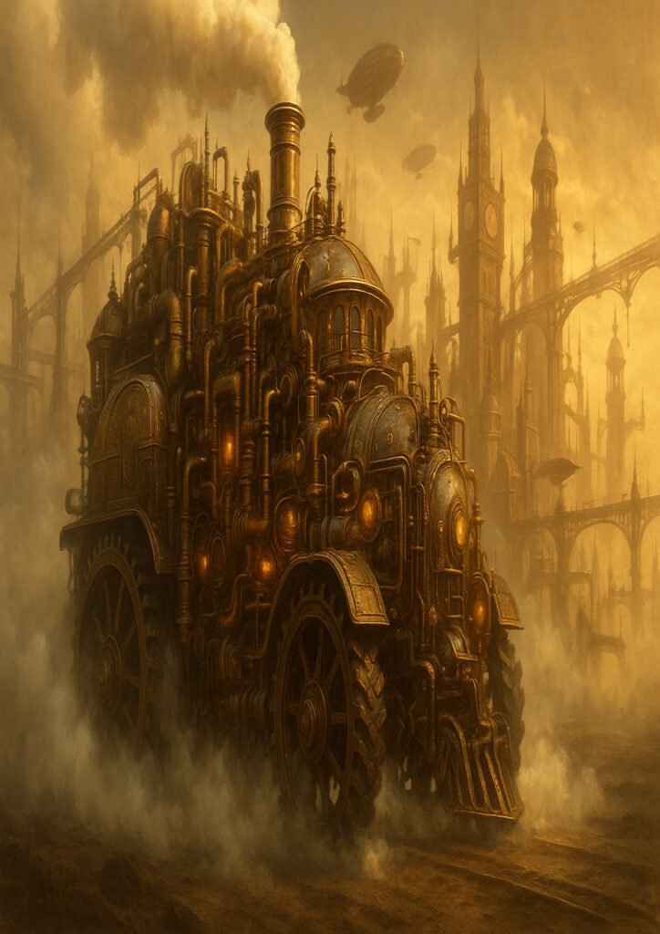 Retro-futuristic steampunk vehicle artwork showing a steam-powered machine with intricate metal details.
