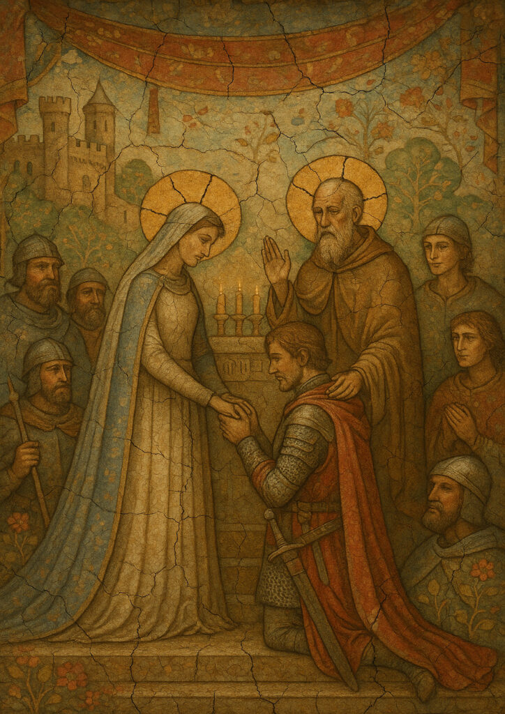 Medieval fresco inspired artwork, aged wall painting look, classic historical art style illustration