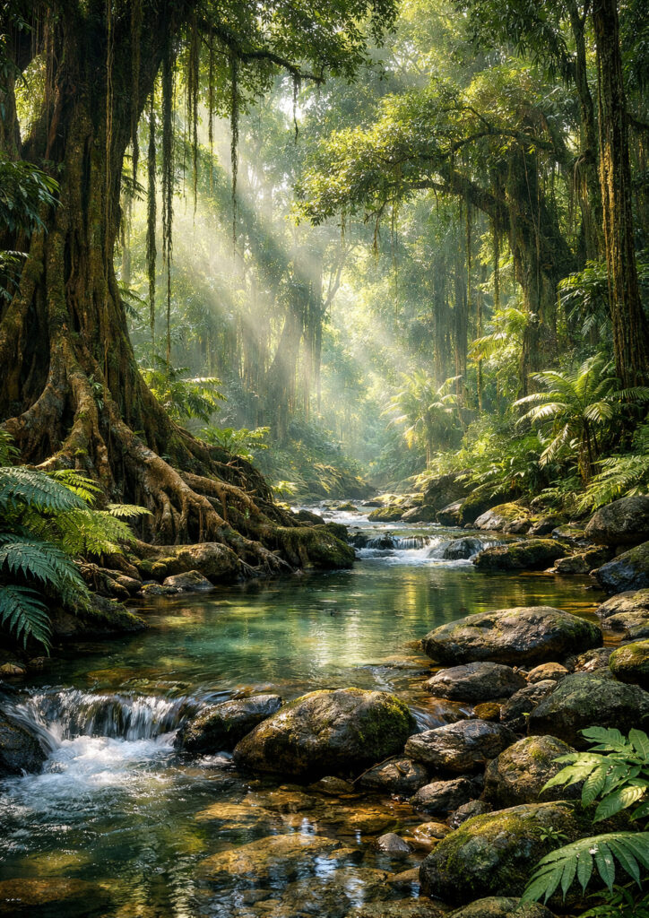 forest landscape artwork with misty forest environment