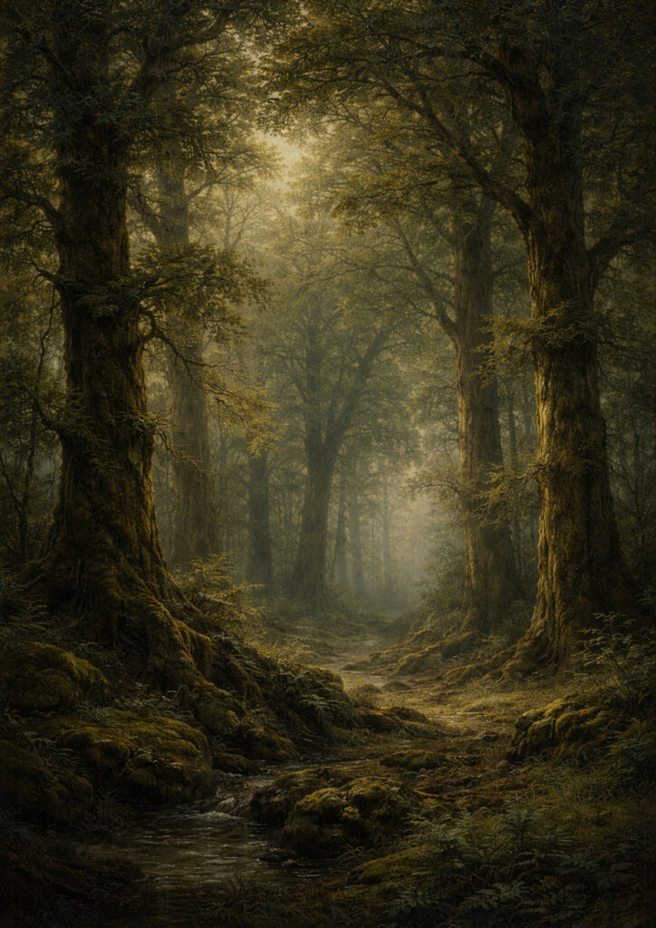 forest landscape artwork with trees and natural light