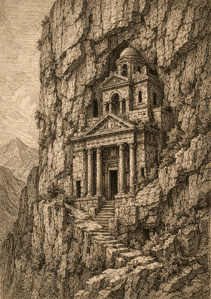 ruins landscape sketch illustration with historical decay