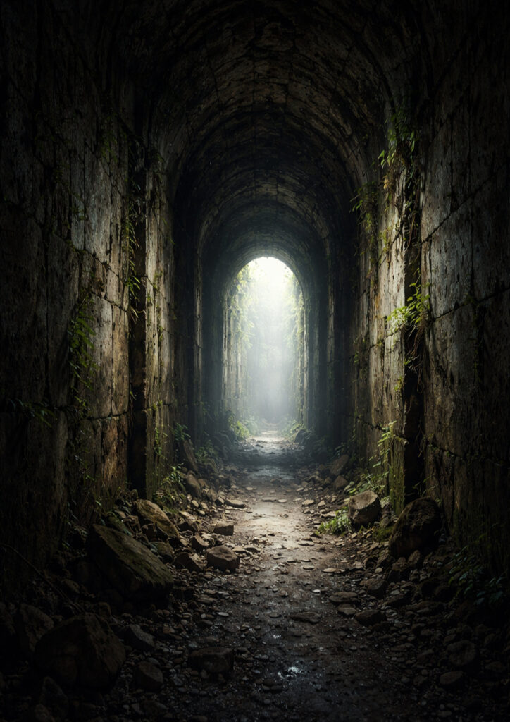 photorealistic ruins landscape image of forgotten city