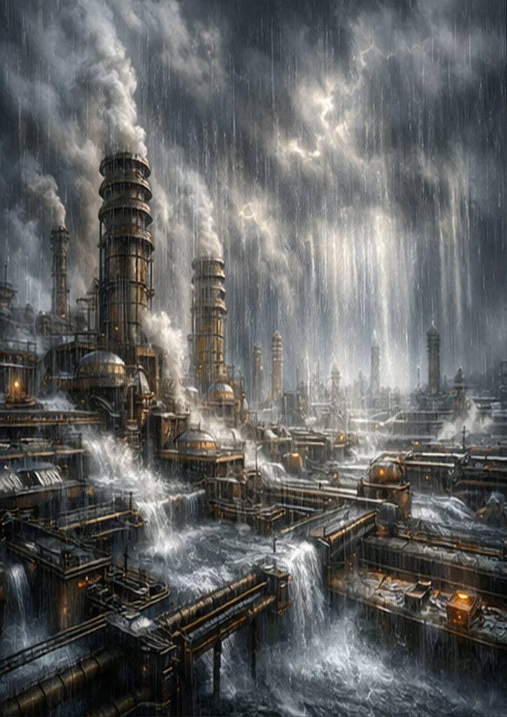 Steampunk landscape artwork focused on large-scale machinery, pipes, and steam-filled industrial environments.