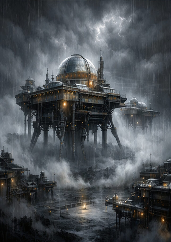 Steampunk landscape artwork focused on large-scale machinery, pipes, and steam-filled industrial environments.