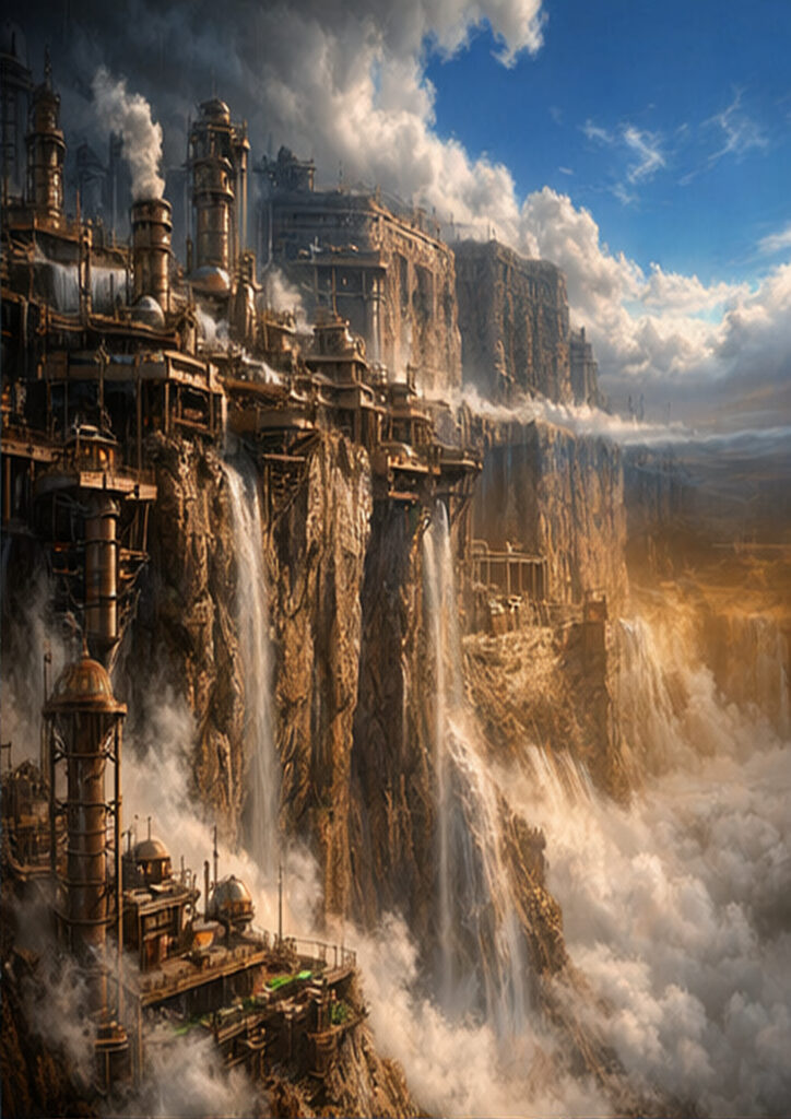 Steampunk landscape artwork focused on large-scale machinery, pipes, and steam-filled industrial environments.