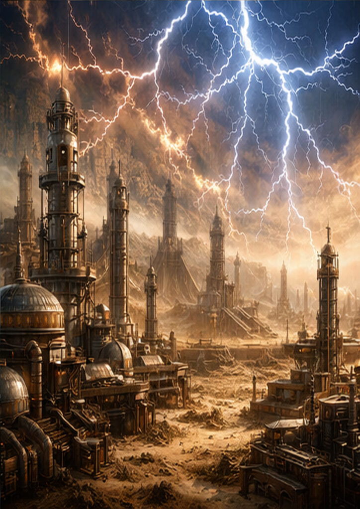 Illustration of a steampunk landscape blending industrial architecture with imaginative mechanical terrain.