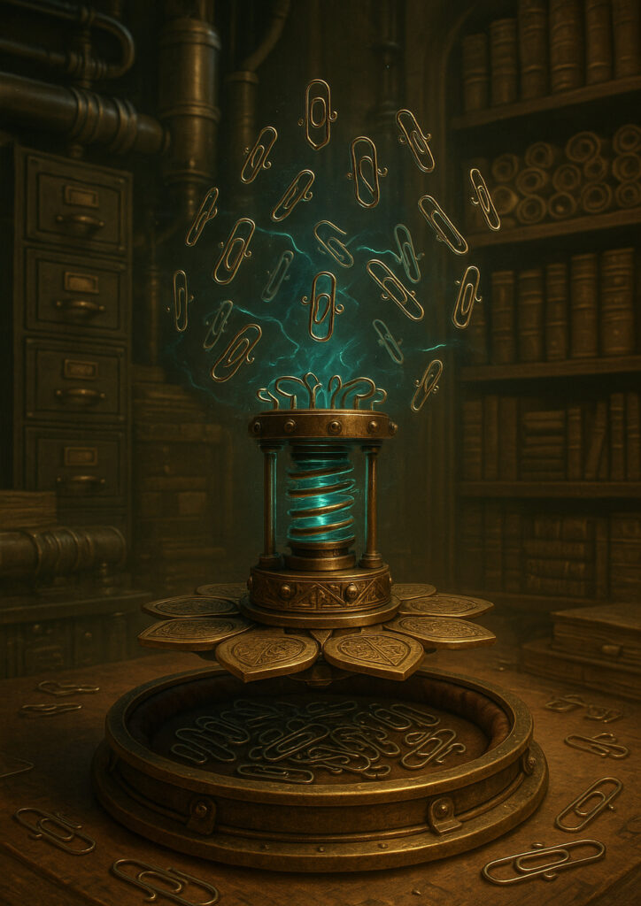 Steampunk reinterpretation of an everyday item transformed into a mechanical object powered by gears and steam.